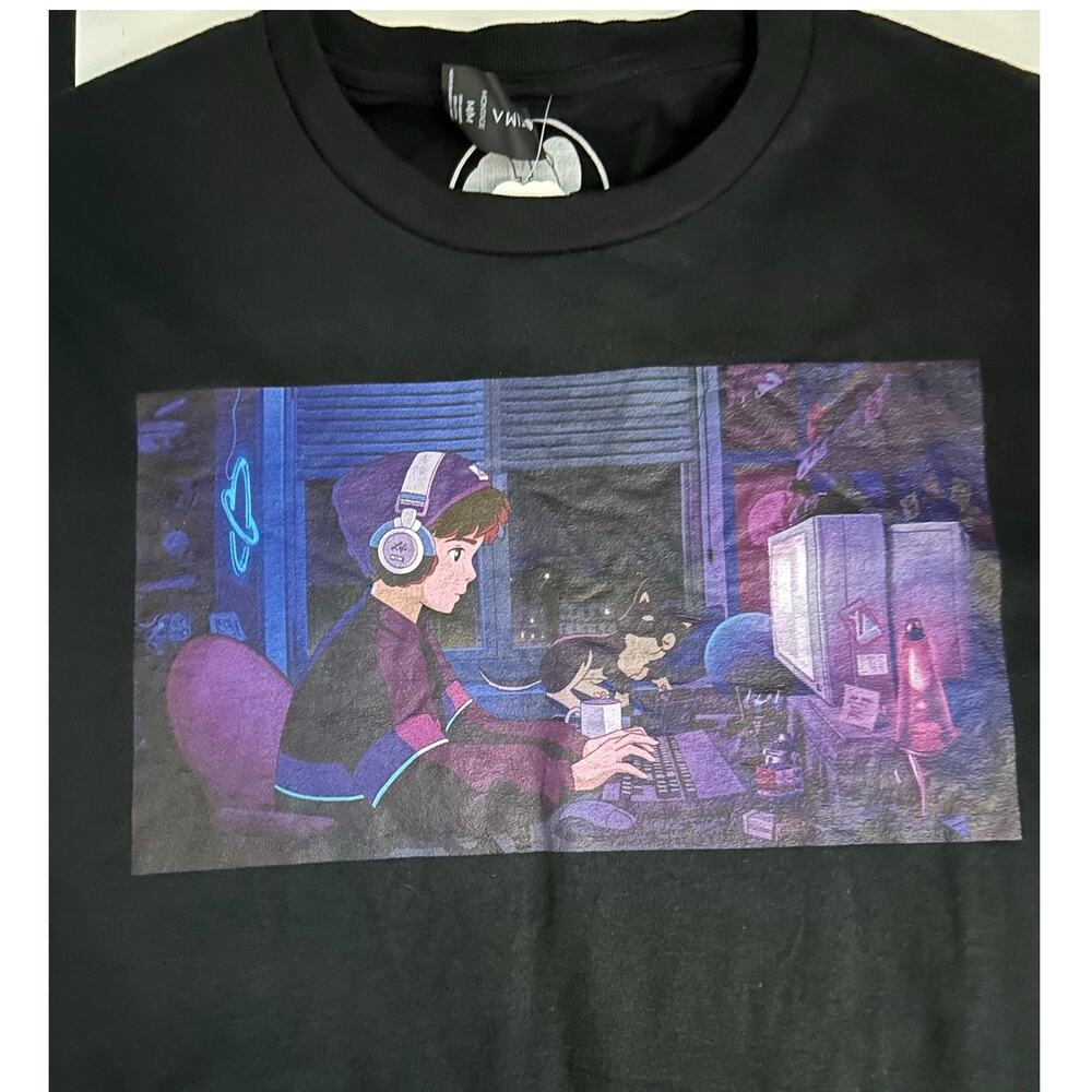 LOFI GIRL Lofi Boy Amime Black Graphic Short Sleeve Tee Size M